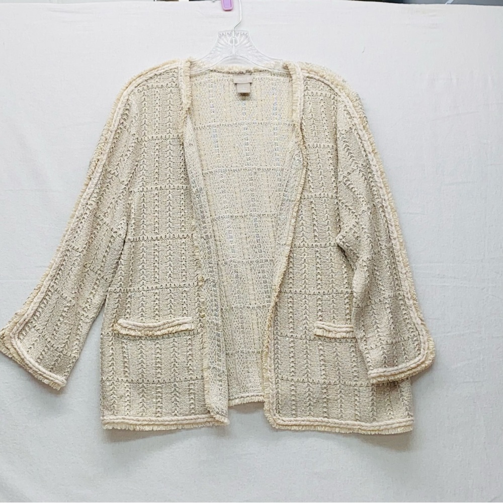 Chicos Size 3 Womens Open Front Sweater Jacket Beige Cream 3/4 Sleeves Elegant